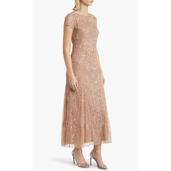 PISARRO NIGHTS New Beige Nude Beaded Mesh Midi Cocktail Dress Holiday NWT Sz 4 - Picture 3 of 11